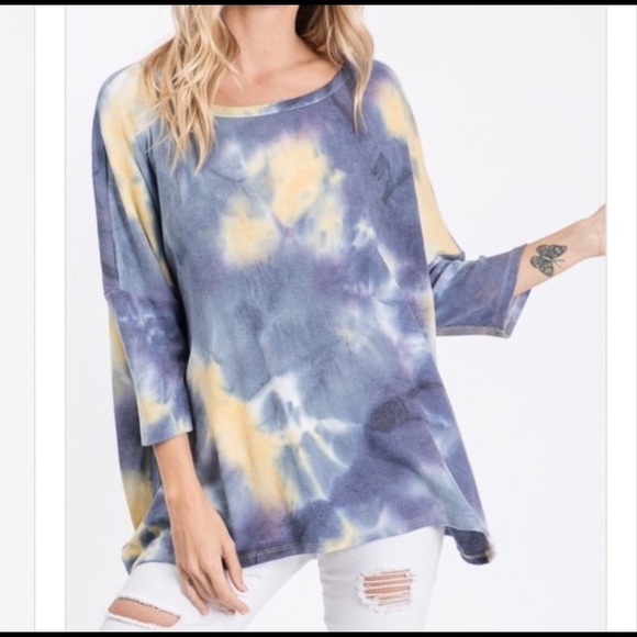 Blue and Yellow Waffle Knit Tie Dye Loose Fit Top - Picture 5 of 7